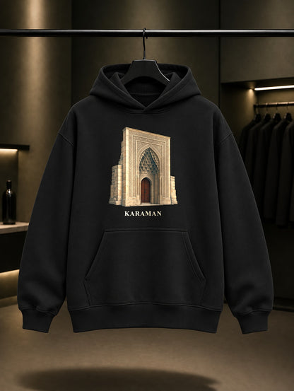 Karaman Hatuniye Taçkapı baskılı siyah kapüşonlu sweatshirt