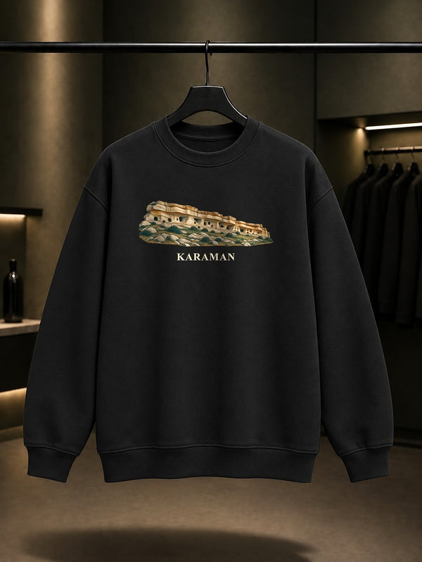 Karaman Manazan Mağaraları baskılı siyah sweatshirt