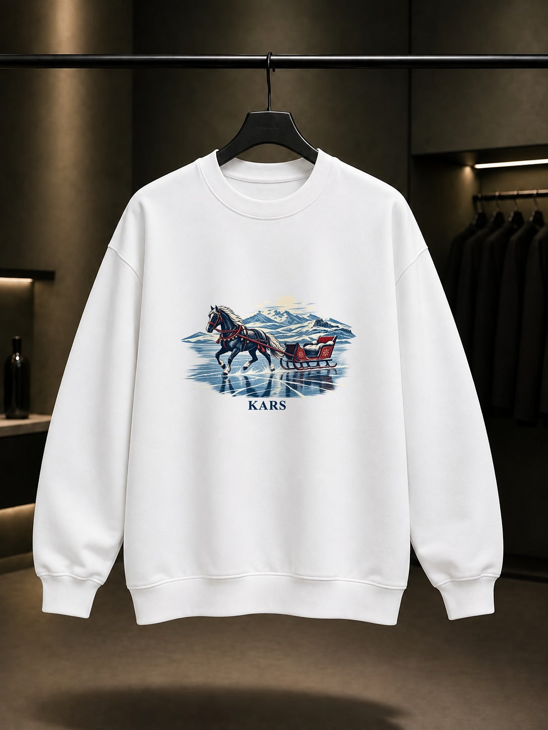 Kars Çıldır Gölü Atlı Kızak baskılı beyaz sweatshirt