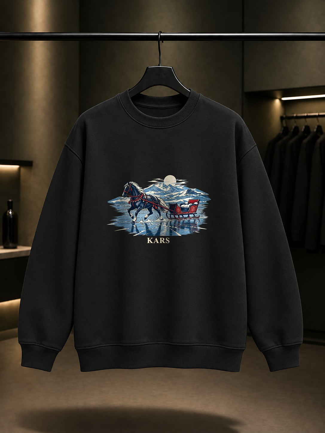 Kars Çıldır Gölü Atlı Kızak baskılı siyah sweatshirt