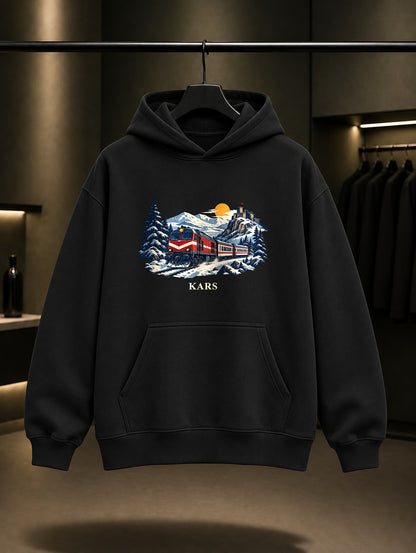 Kars Doğu Ekspresi baskılı siyah kapüşonlu sweatshirt