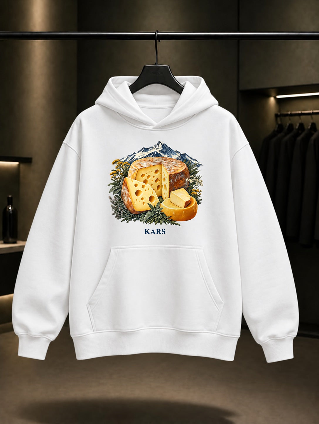 Kars Gravyer Kaşar baskılı beyaz kapüşonlu sweatshirt