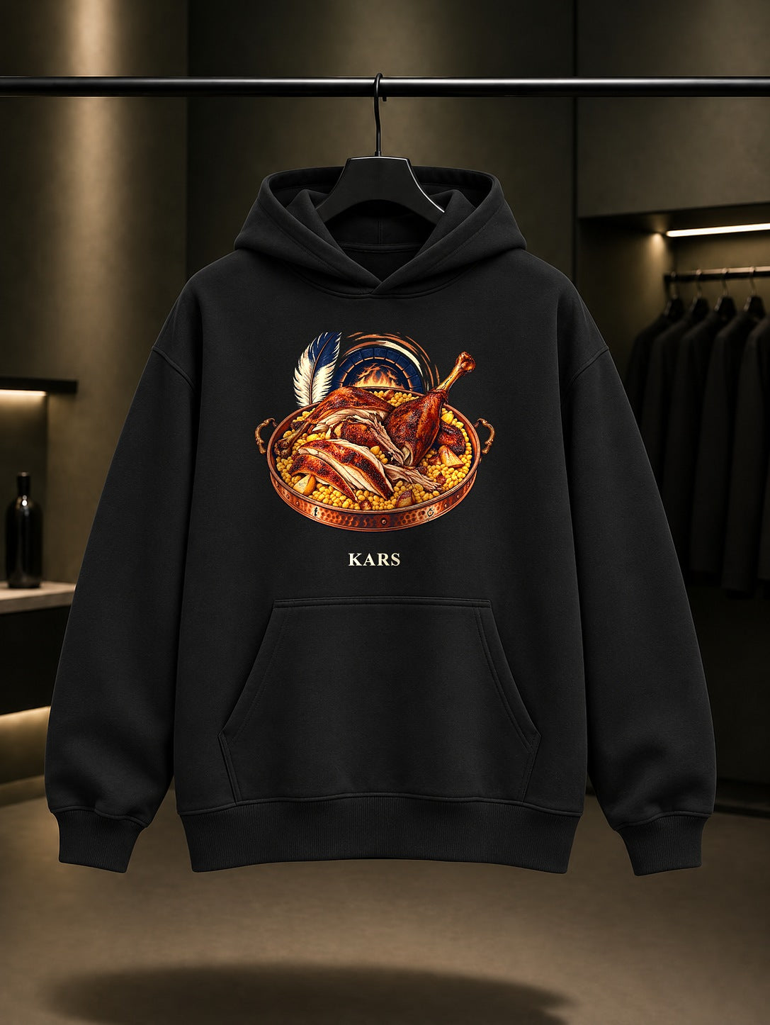 Kars Kaz Eti baskılı siyah kapüşonlu sweatshirt