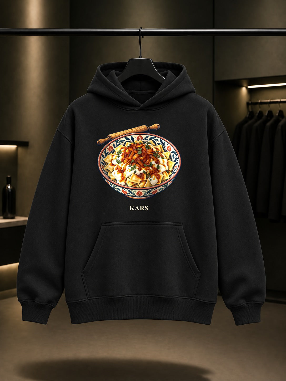 Kars Hangel baskılı siyah kapüşonlu sweatshirt