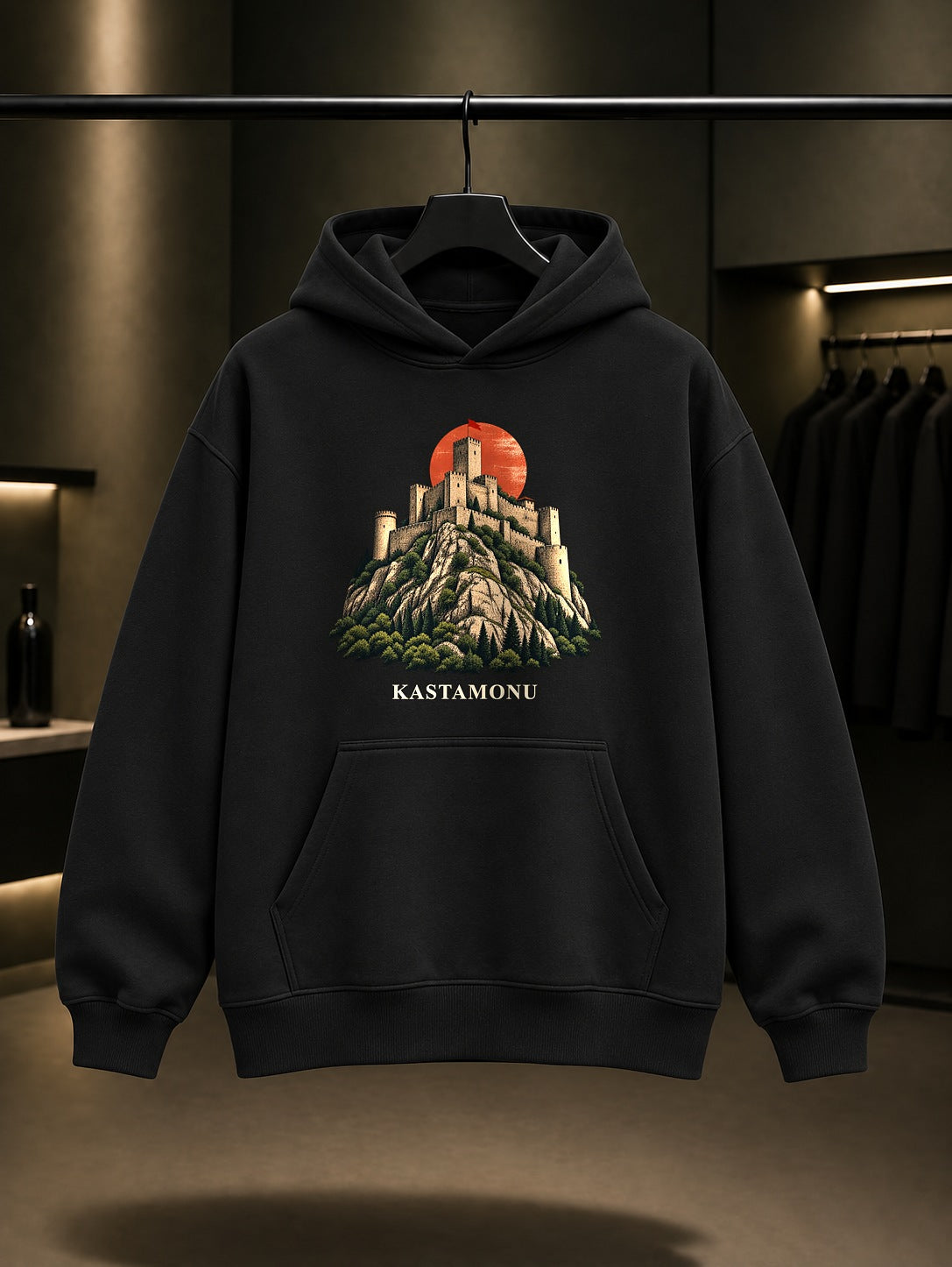 Kastamonu Kalesi baskılı siyah kapüşonlu sweatshirt