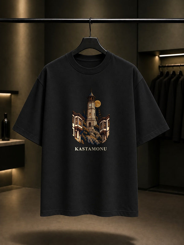 Kastamonu Saat Kulesi Konaklar baskılı siyah t-shirt