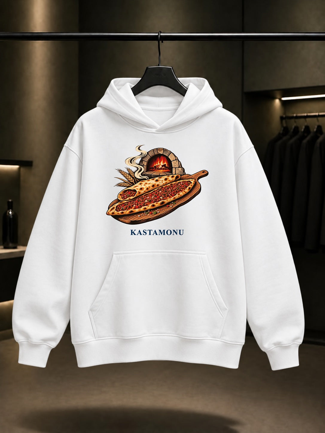 Kastamonu Etli Ekmek baskılı beyaz kapüşonlu sweatshirt