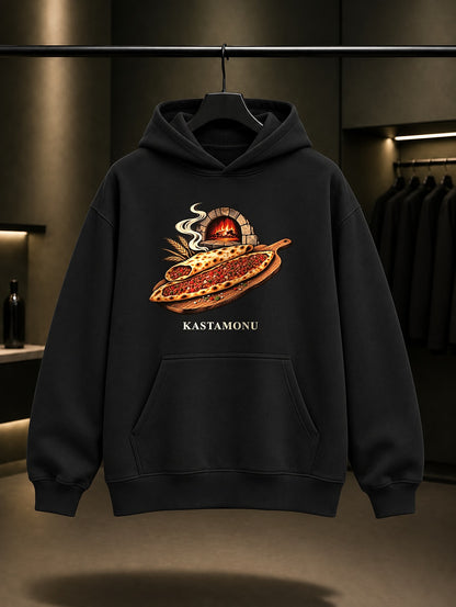 Kastamonu Etli Ekmek baskılı siyah kapüşonlu sweatshirt