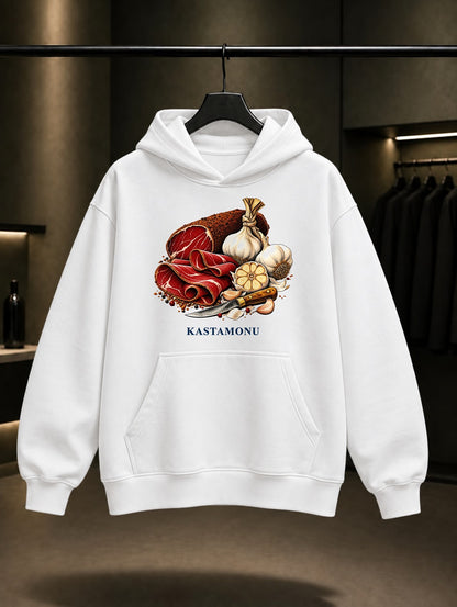 Kastamonu Pastırma Taşköprü Sarımsağı baskılı beyaz kapüşonlu sweatshirt