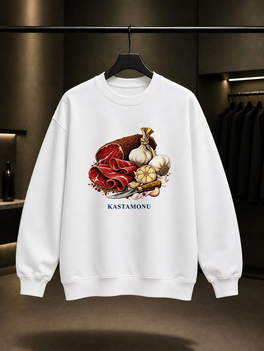Kastamonu Pastırma Taşköprü Sarımsağı baskılı beyaz sweatshirt