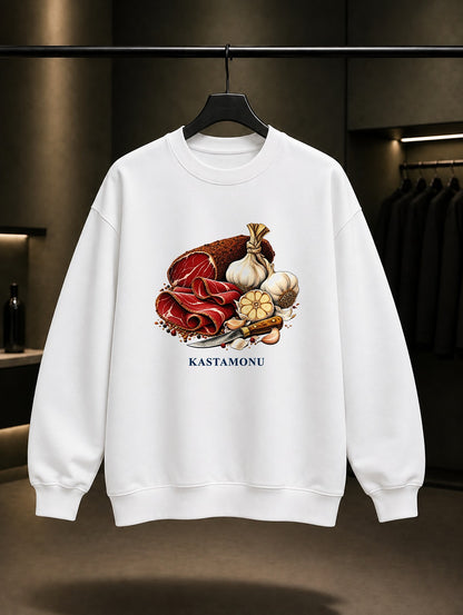 Kastamonu Pastırma Taşköprü Sarımsağı baskılı beyaz sweatshirt