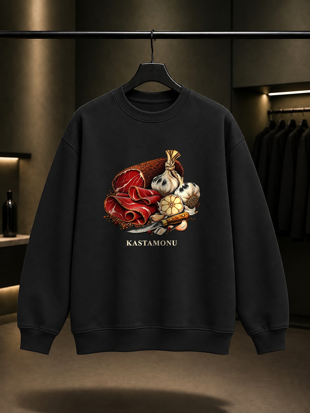 Kastamonu Pastırma Taşköprü Sarımsağı baskılı siyah sweatshirt