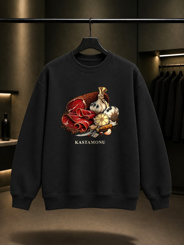 Kastamonu Pastırma Taşköprü Sarımsağı baskılı siyah sweatshirt