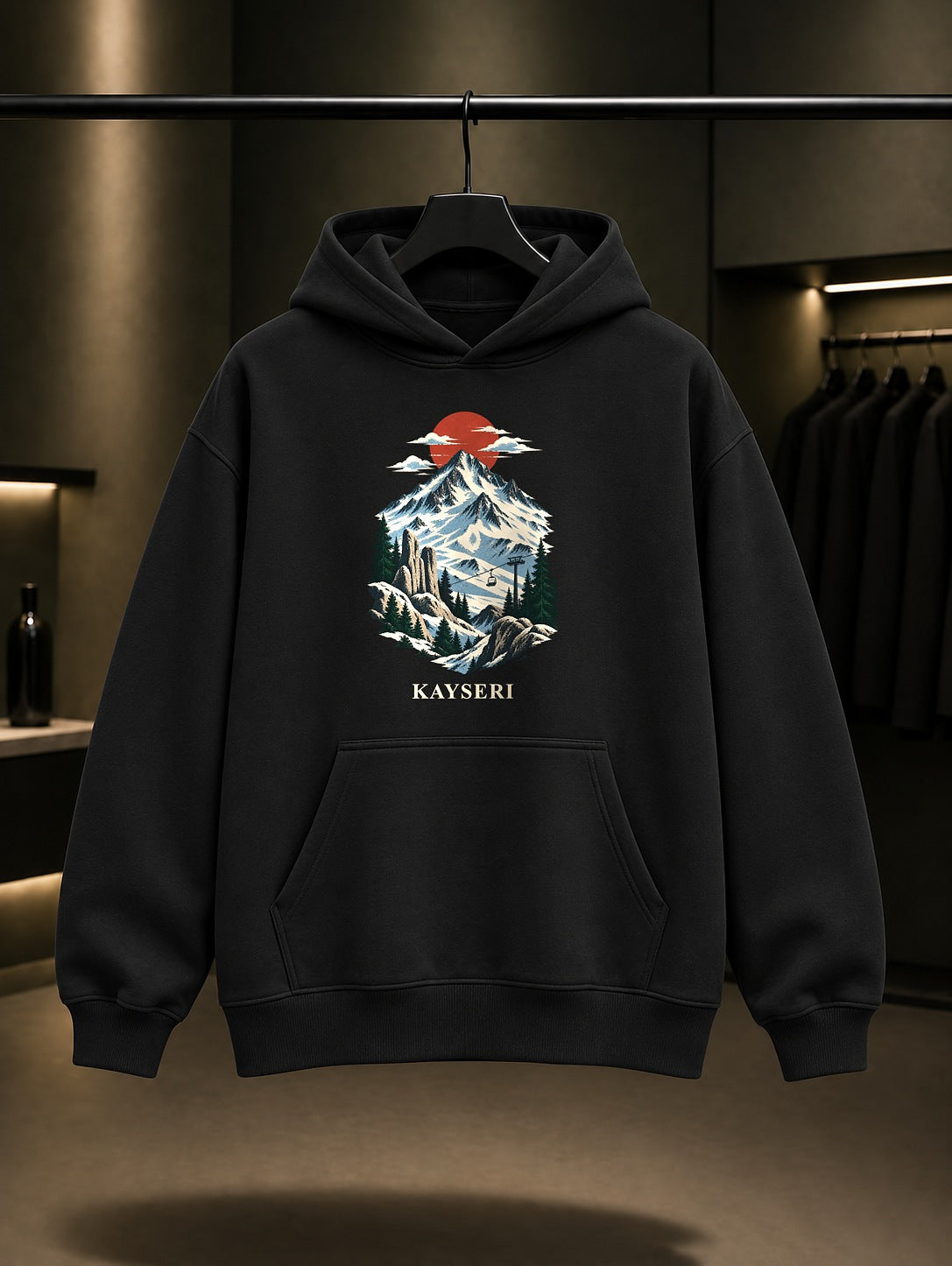Kayseri Erciyes Dağı baskılı siyah kapüşonlu sweatshirt