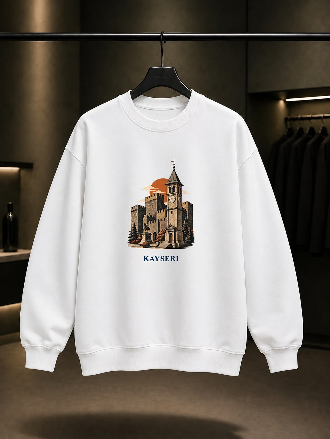 Kayseri Kalesi Saat Kulesi baskılı beyaz sweatshirt