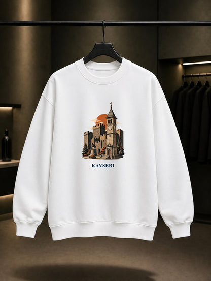 Kayseri Kalesi Saat Kulesi baskılı beyaz sweatshirt