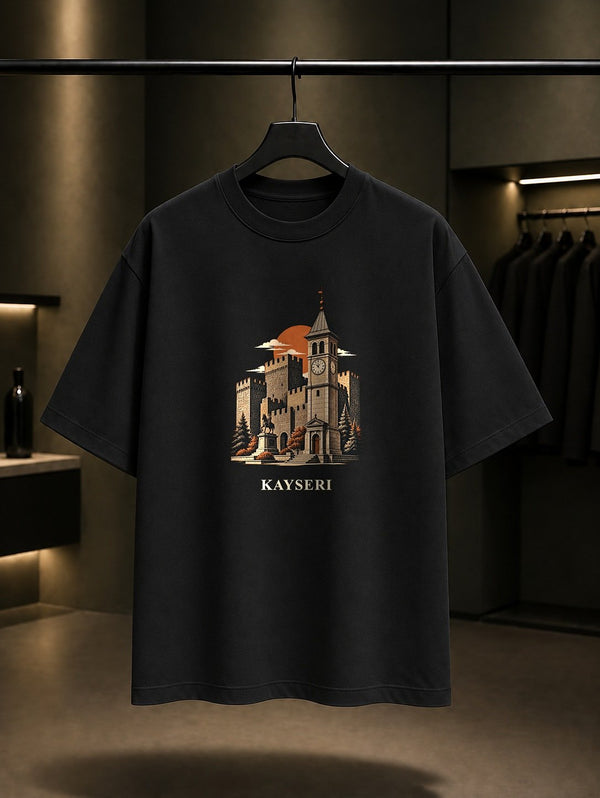 Kayseri Kalesi Saat Kulesi baskılı siyah t-shirt