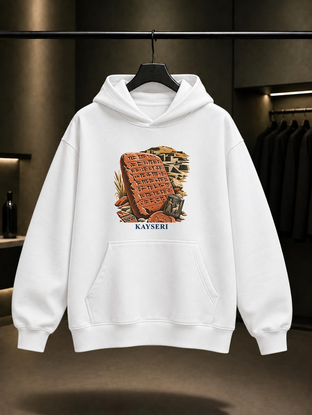 Kayseri Kültepe Kaniş Karum baskılı beyaz kapüşonlu sweatshirt