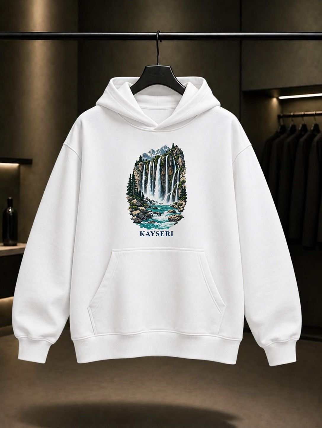 Kayseri Kapuzbaşı Şelaleleri baskılı beyaz kapüşonlu sweatshirt