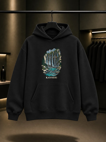 Kayseri Kapuzbaşı Şelaleleri baskılı siyah kapüşonlu sweatshirt