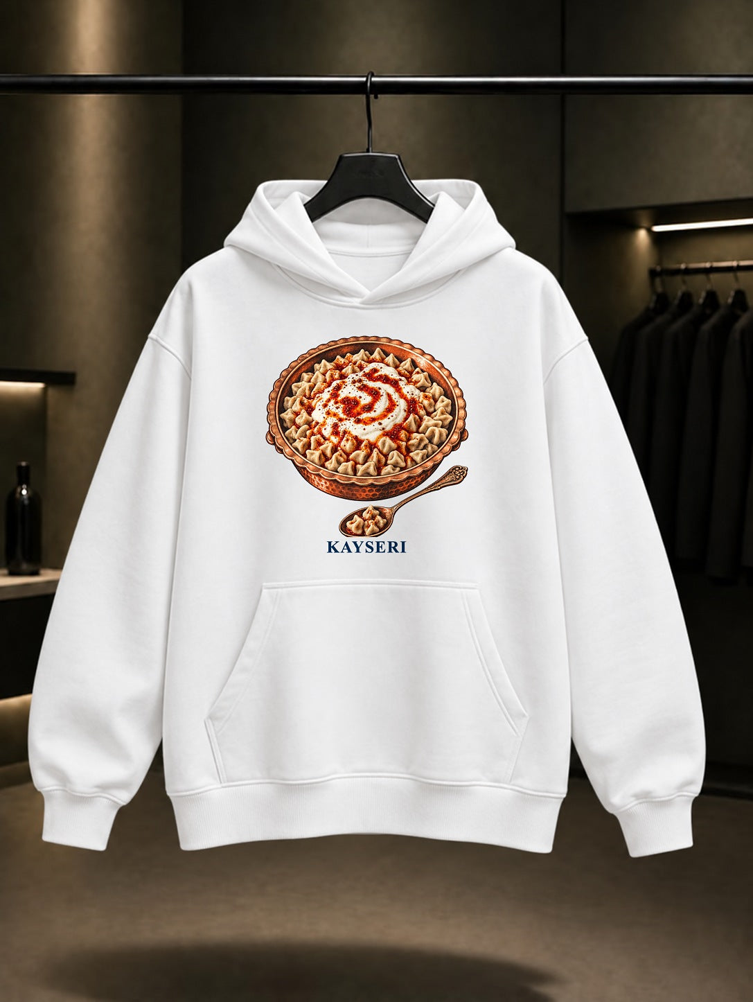 Kayseri Mantısı baskılı beyaz kapüşonlu sweatshirt