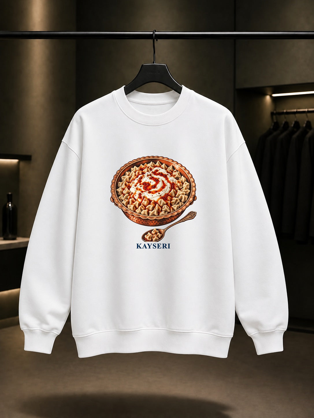 Kayseri Mantısı baskılı beyaz sweatshirt