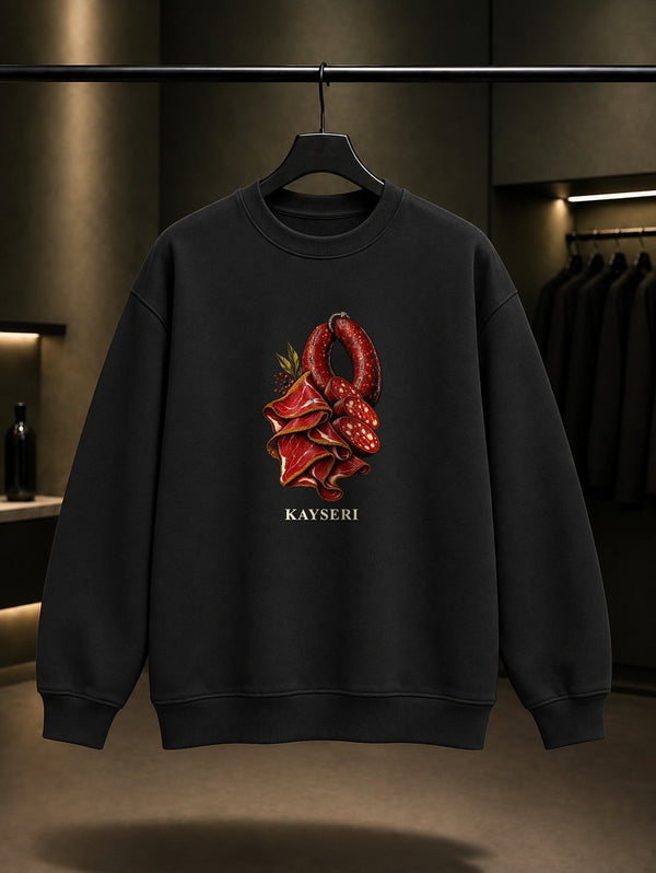 Kayseri Pastırma Sucuk baskılı siyah sweatshirt