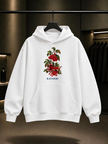 Kayseri Gilaburu baskılı beyaz kapüşonlu sweatshirt
