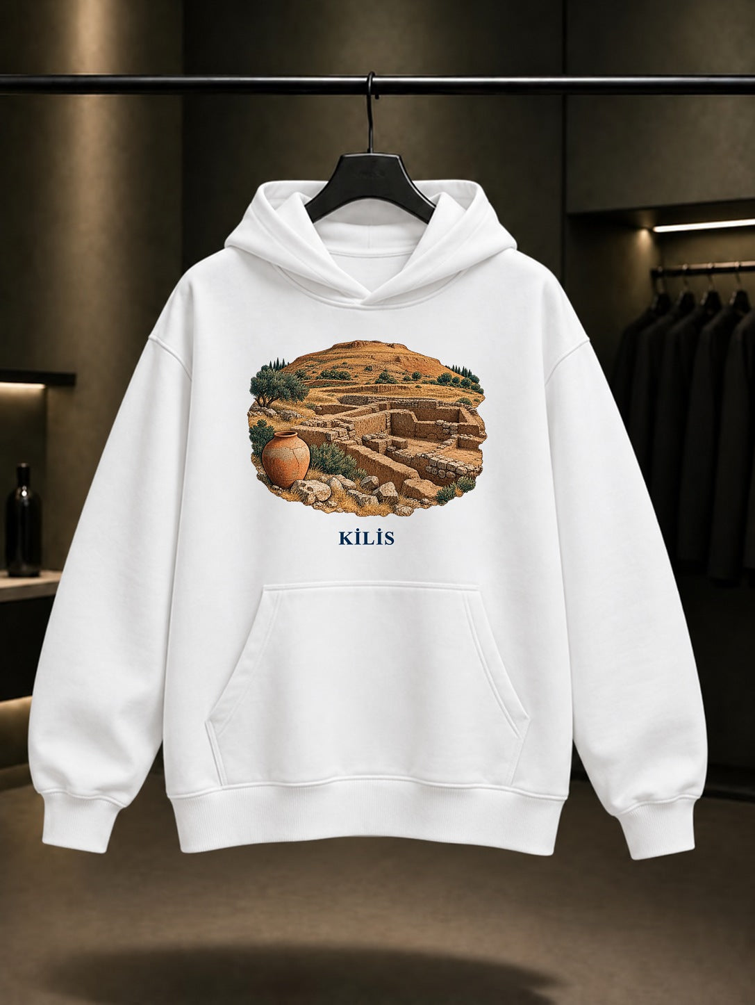 Kilis Oylum Höyük baskılı beyaz kapüşonlu sweatshirt