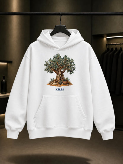 Kilis Zeytin baskılı beyaz kapüşonlu sweatshirt