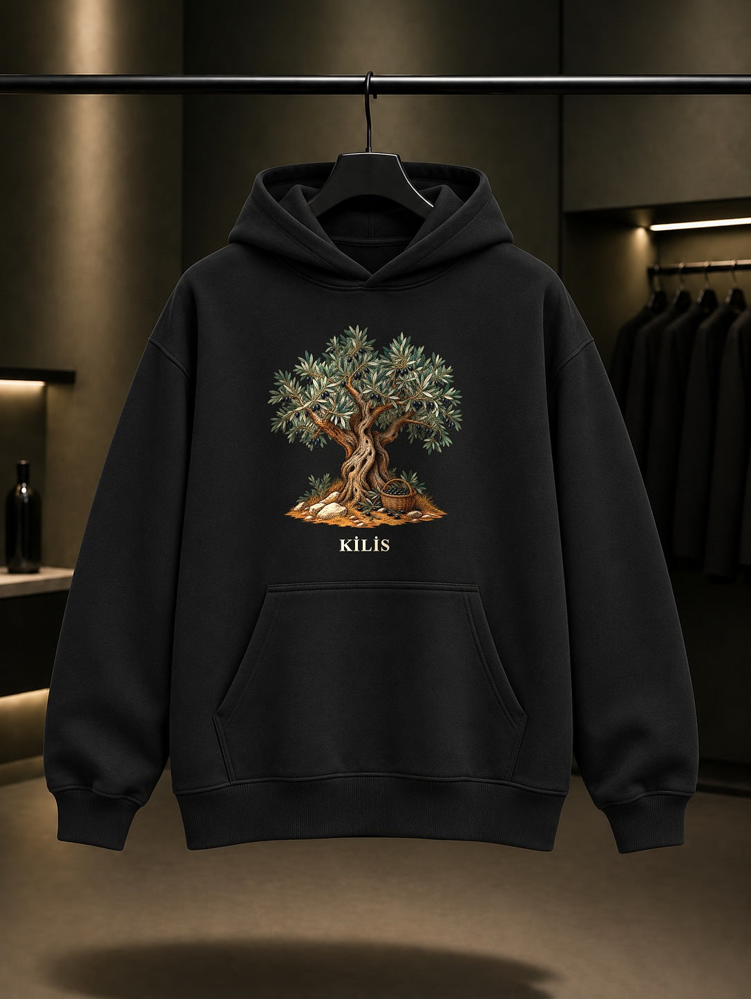 Kilis Zeytin baskılı siyah kapüşonlu sweatshirt