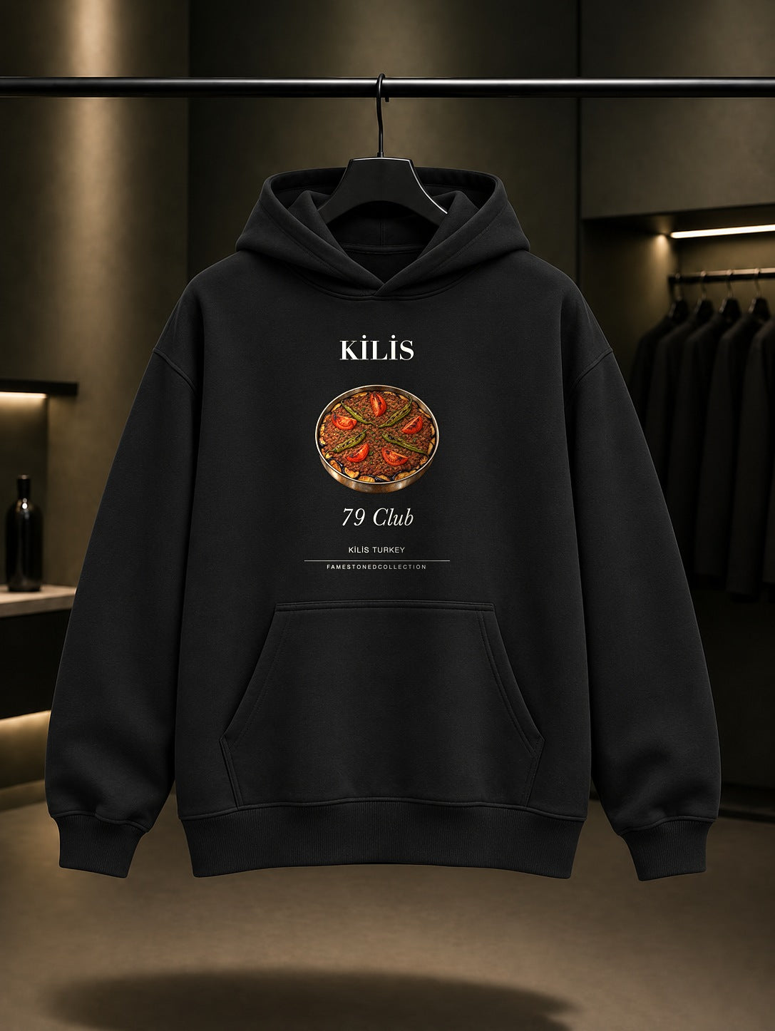 Kilis Tava 79 Club baskılı siyah kapüşonlu sweatshirt