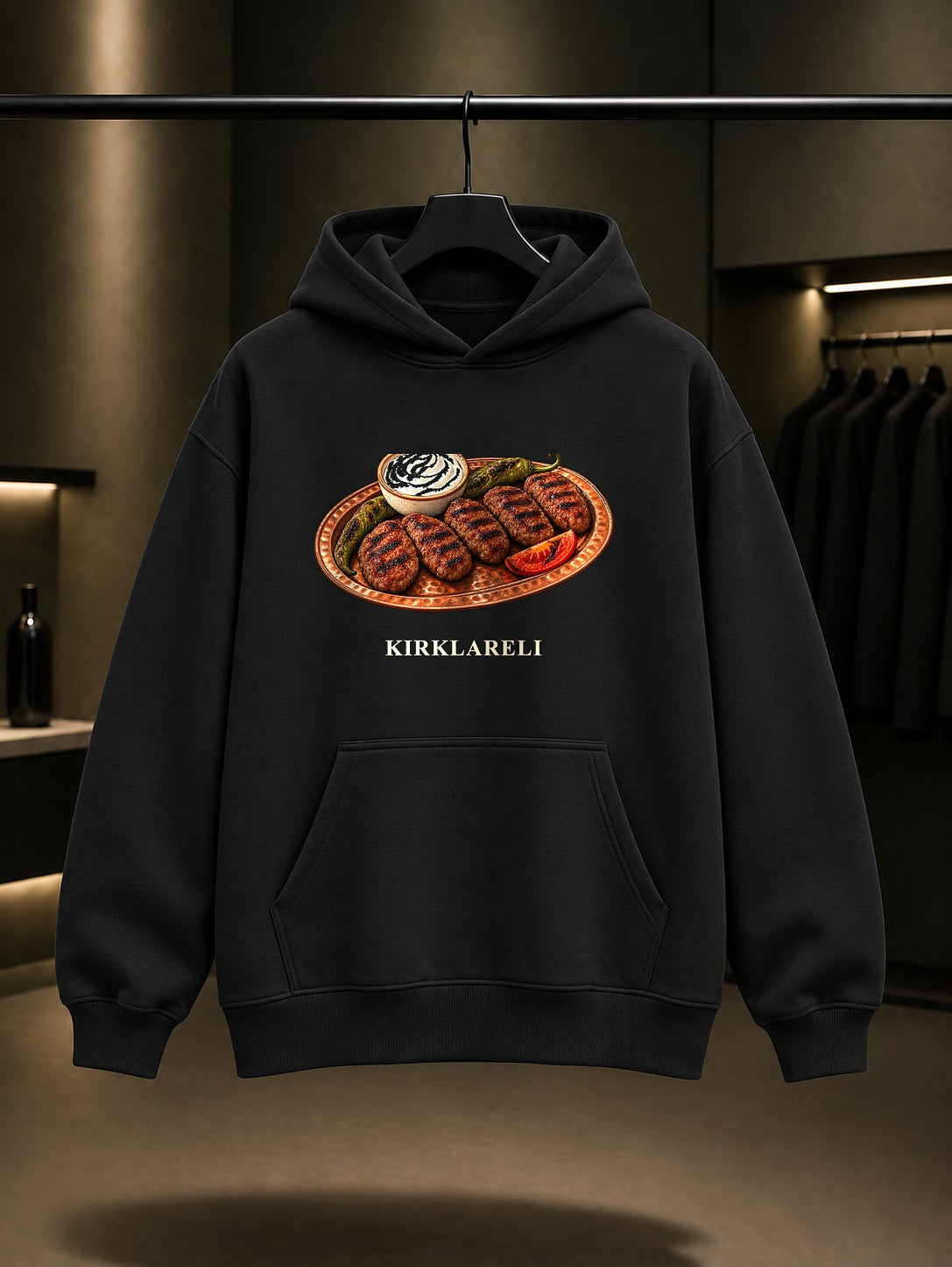 Kırklareli Izgara Köftesi baskılı siyah kapüşonlu sweatshirt