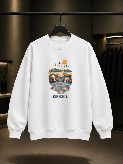 Kırşehir Seyfe Gölü Flamingoları baskılı beyaz sweatshirt