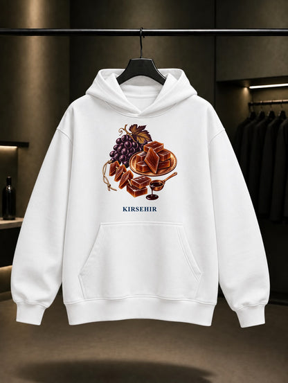 Kırşehir Köftür baskılı beyaz kapüşonlu sweatshirt