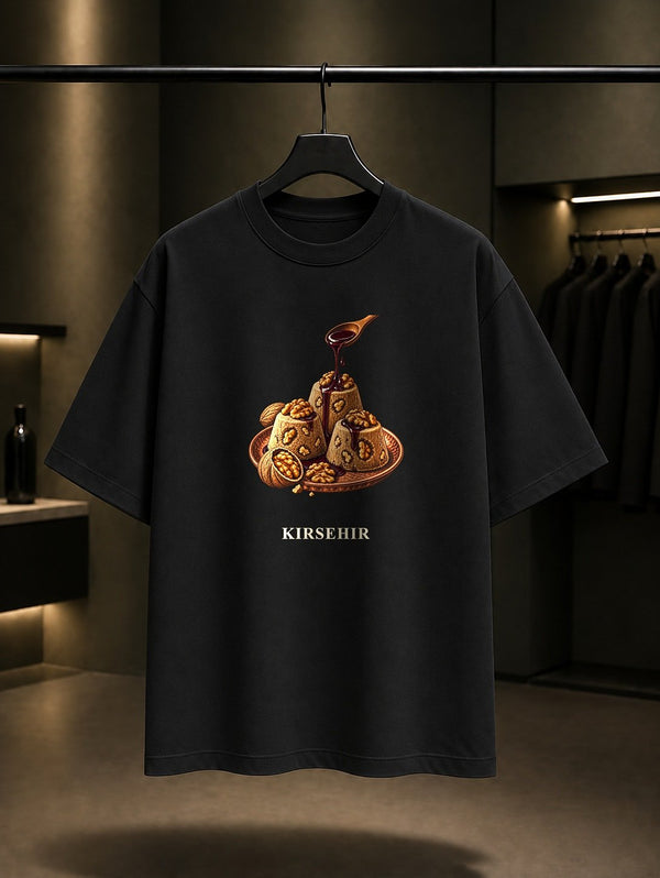Kırşehir Ahi Helvası Kaman Cevizi baskılı siyah t-shirt