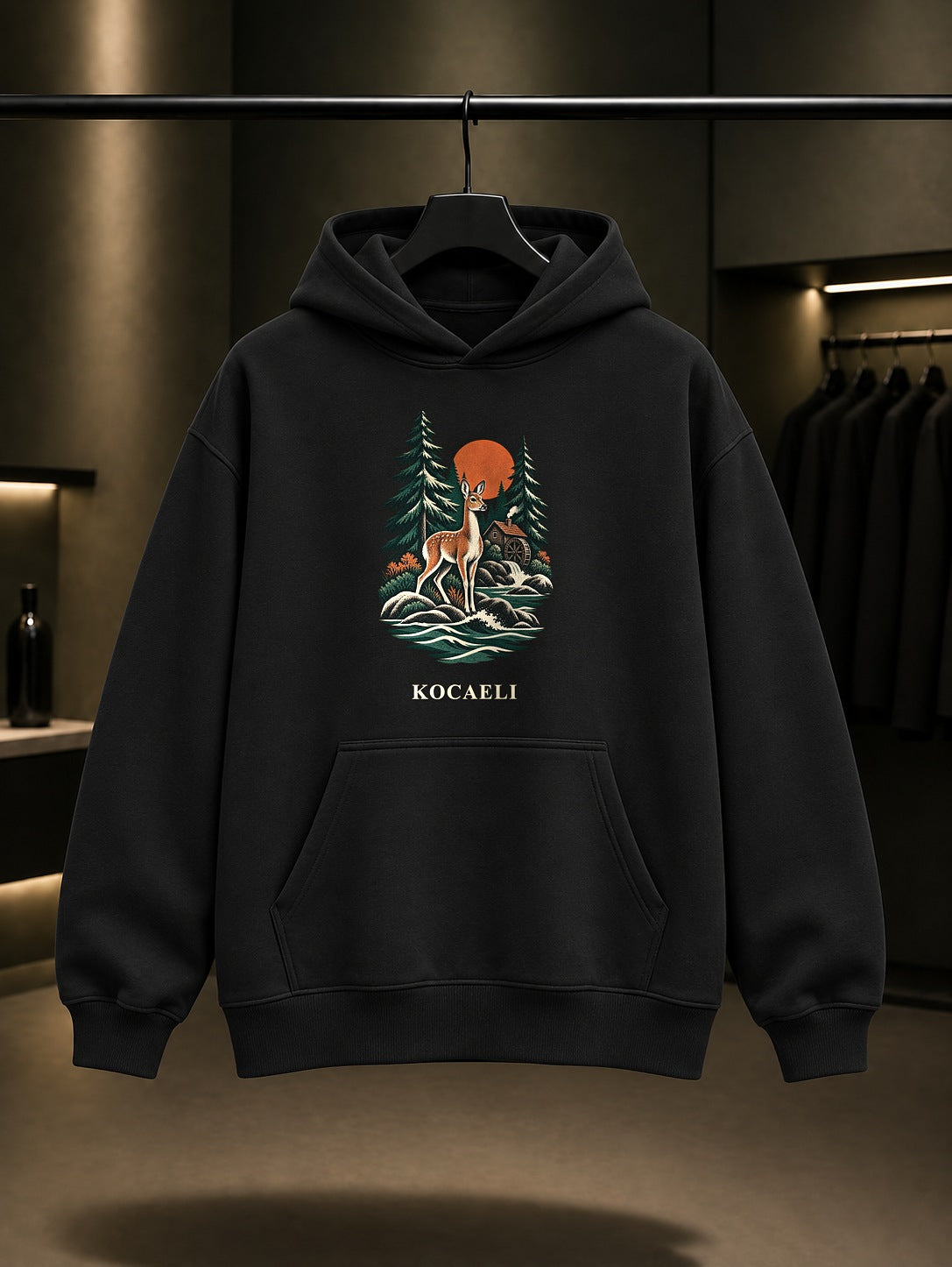 Kocaeli Ormanya baskılı siyah kapüşonlu sweatshirt