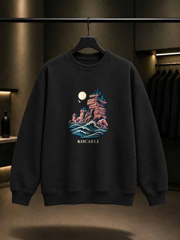 Kocaeli Kerpe Pembe Kayalar baskılı siyah sweatshirt