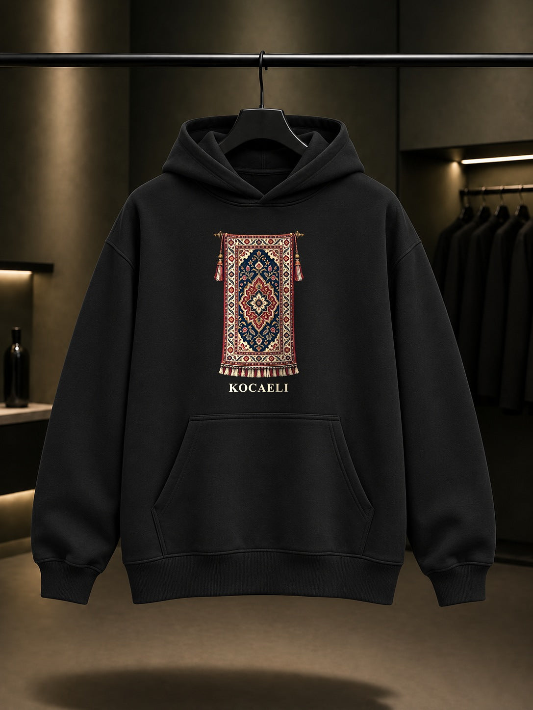 Kocaeli Hereke Halısı baskılı siyah kapüşonlu sweatshirt