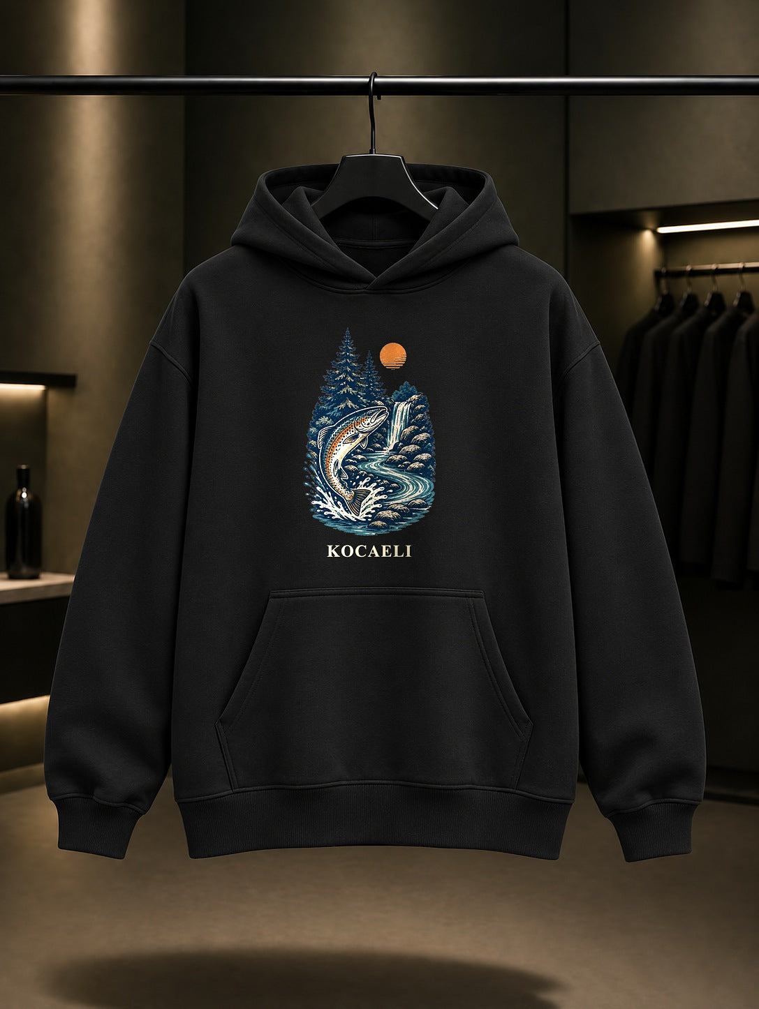 Kocaeli Maşukiye Alabalık baskılı siyah kapüşonlu sweatshirt