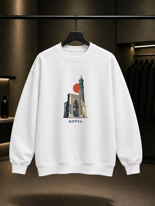 Konya Ince Minareli Medrese baskılı beyaz sweatshirt