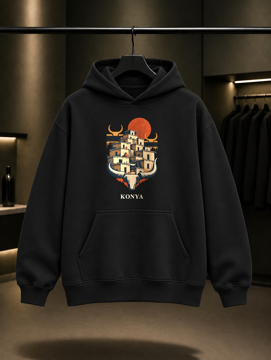 Konya Catalhoyuk baskılı siyah kapüşonlu sweatshirt