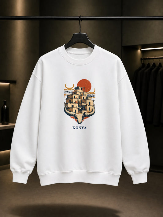 Konya Catalhoyuk baskılı beyaz sweatshirt