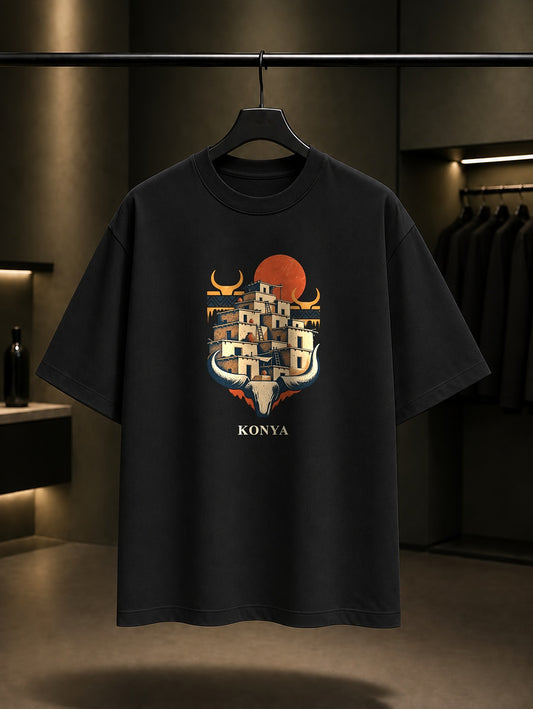 Konya Catalhoyuk baskılı siyah t-shirt