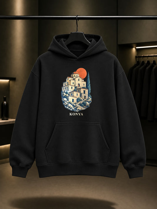 Konya Sille Aya Eleni baskılı siyah kapüşonlu sweatshirt