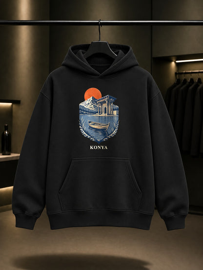Konya Beysehir baskılı siyah kapüşonlu sweatshirt