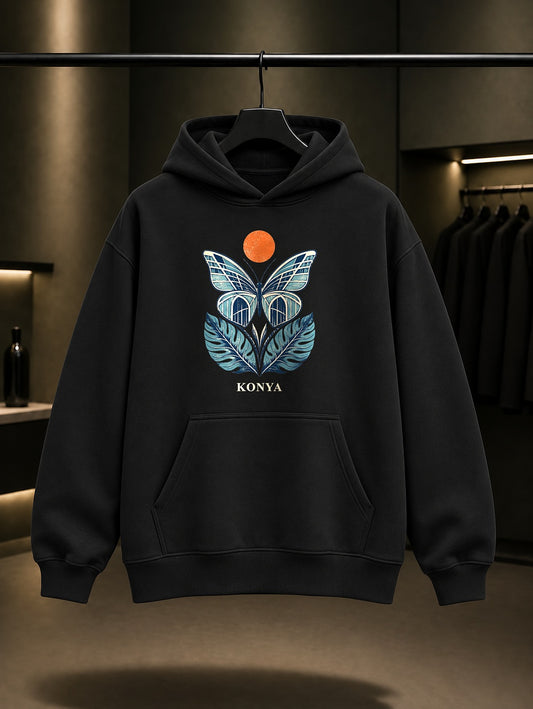 Konya Tropikal Kelebek Bahcesi baskılı siyah kapüşonlu sweatshirt