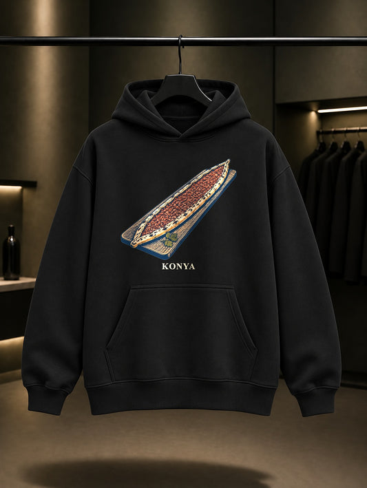 Konya Etli Ekmek baskılı siyah kapüşonlu sweatshirt