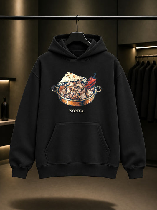 Konya Fırın Kebabı baskılı siyah kapüşonlu sweatshirt