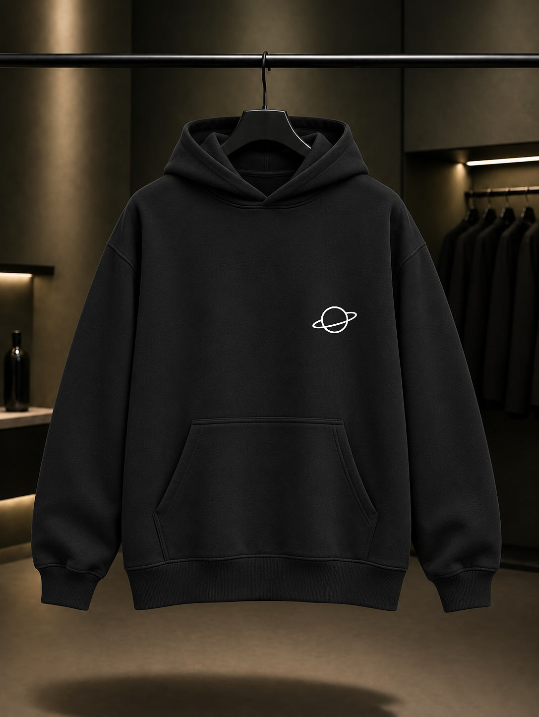 Halkalı Gezegen Minimal Baskılı Unisex %100 Pamuk Kapüşonlu Sweatshirt — Siyah